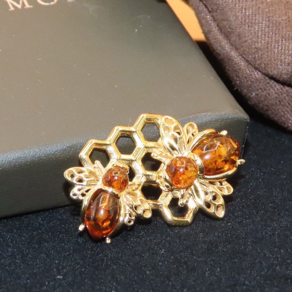 Amber Bumblebee and Honeycomb Pin in 18kt Gold Over Sterling by Ross and Simons